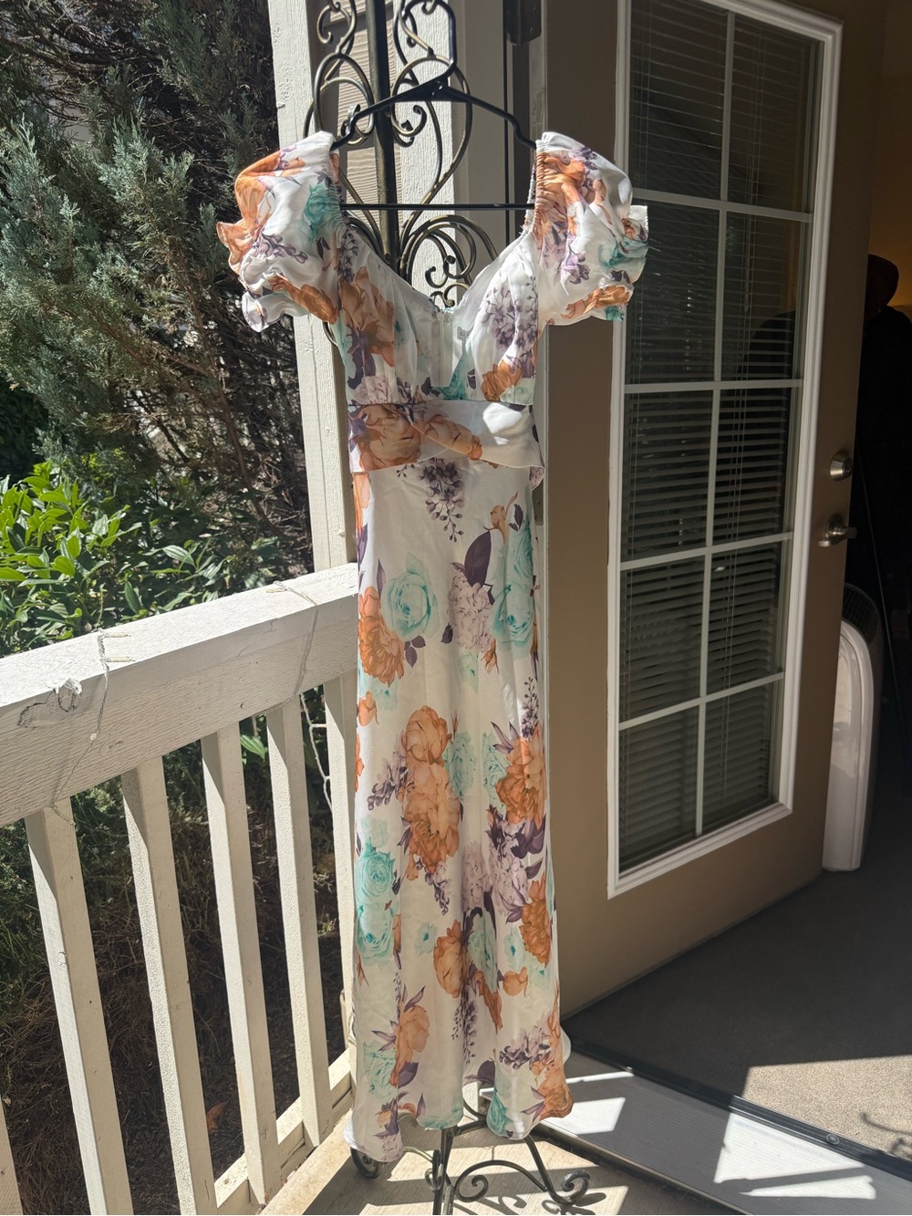 Floral V-Neck Maxi Dress with Puff Sleeves in White, Orange & Mint